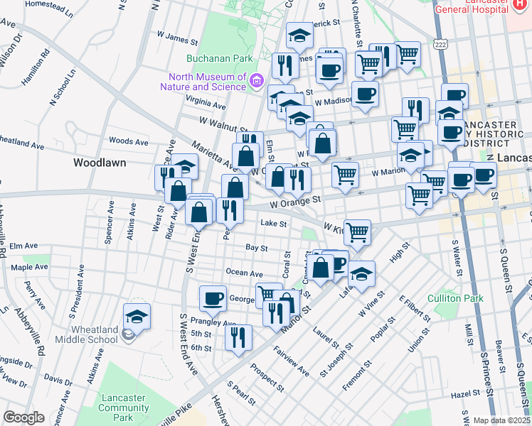 map of restaurants, bars, coffee shops, grocery stores, and more near 680 Columbia Avenue in Lancaster