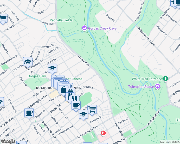 map of restaurants, bars, coffee shops, grocery stores, and more near 6166 Henry Avenue in Philadelphia