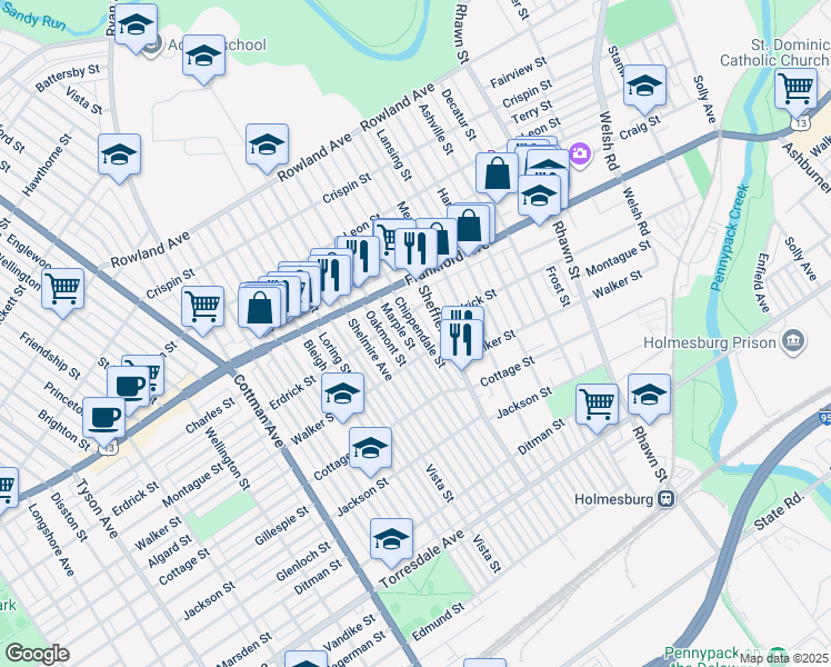 map of restaurants, bars, coffee shops, grocery stores, and more near 4220 Chippendale Street in Philadelphia