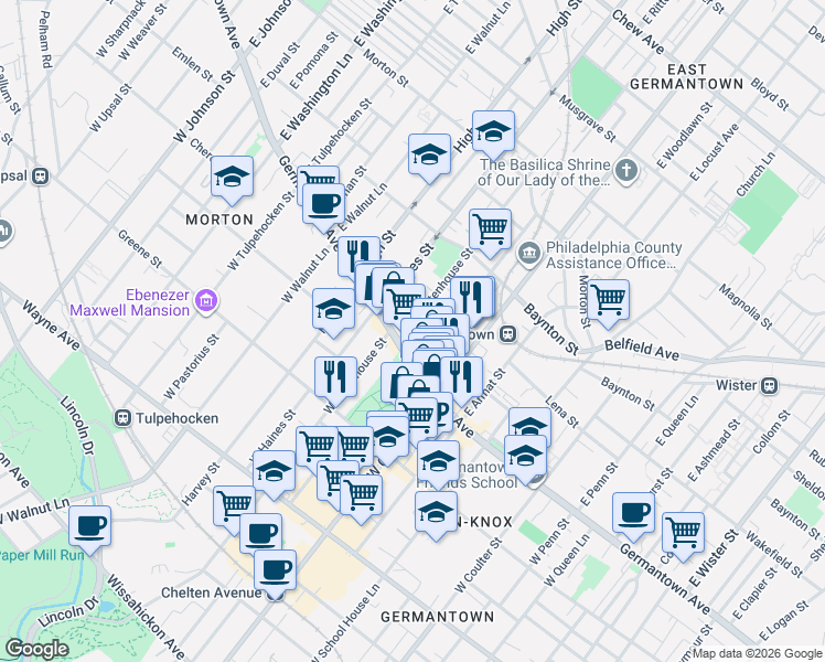 map of restaurants, bars, coffee shops, grocery stores, and more near 34 East Rittenhouse Street in Philadelphia