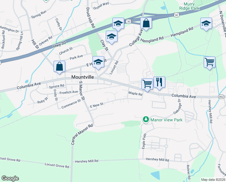 map of restaurants, bars, coffee shops, grocery stores, and more near 11 Carriage Dr in Mountville