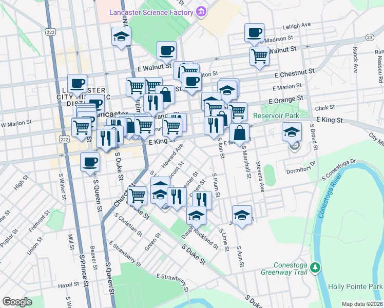 map of restaurants, bars, coffee shops, grocery stores, and more near 20 Locust Street in Lancaster