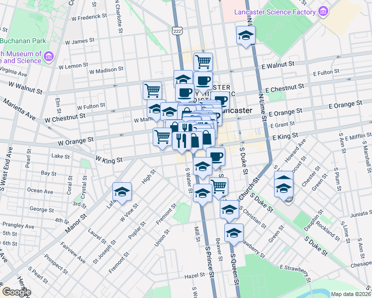 map of restaurants, bars, coffee shops, grocery stores, and more near 113 West King Street in Lancaster