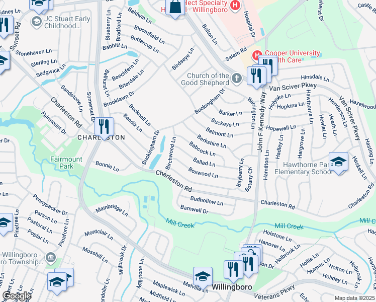 map of restaurants, bars, coffee shops, grocery stores, and more near 17 Ballad Lane in Willingboro