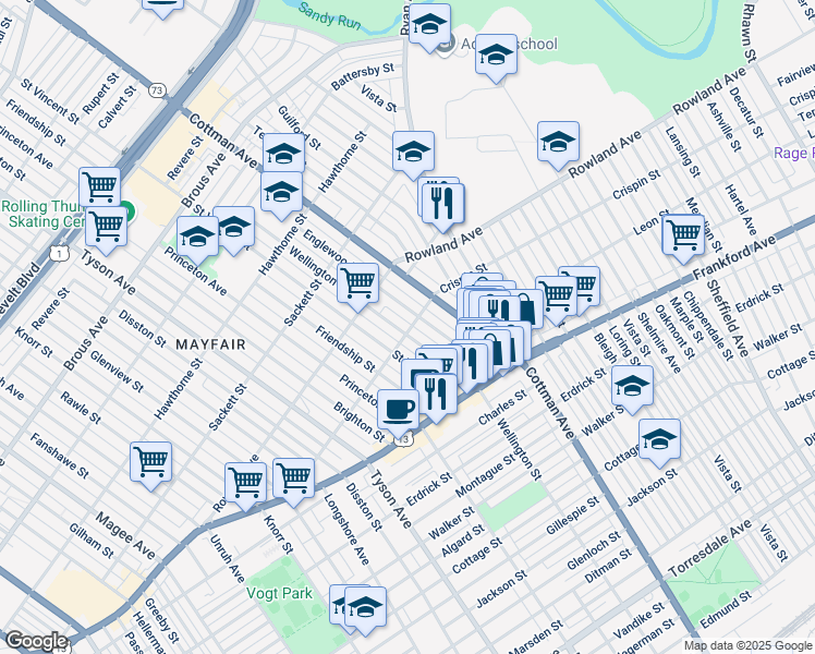 map of restaurants, bars, coffee shops, grocery stores, and more near 3360 Englewood Street in Philadelphia