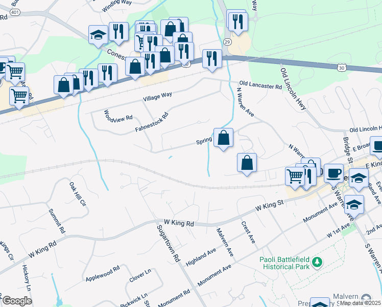 map of restaurants, bars, coffee shops, grocery stores, and more near 78 Spring Road in Malvern