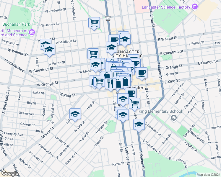 map of restaurants, bars, coffee shops, grocery stores, and more near 205 West King Street in Lancaster