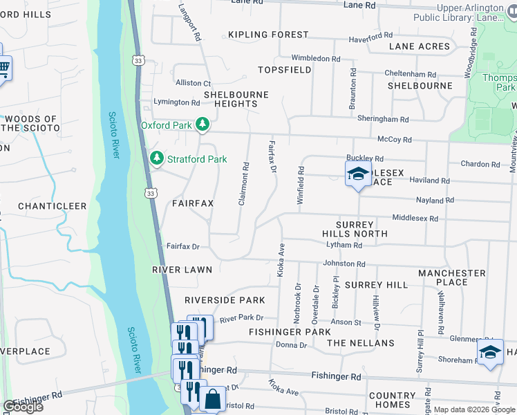 map of restaurants, bars, coffee shops, grocery stores, and more near 4117 Fairfax Drive in Columbus