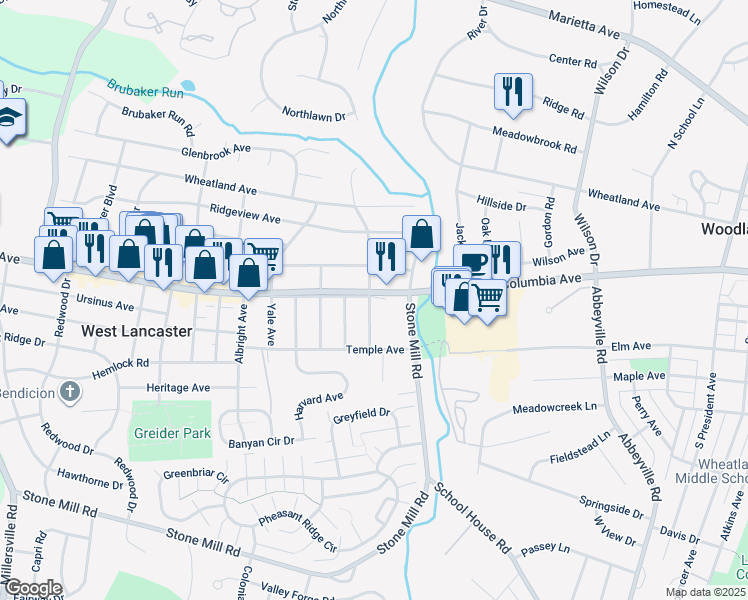 map of restaurants, bars, coffee shops, grocery stores, and more near 1598 Pennsylvania 462 in Lancaster