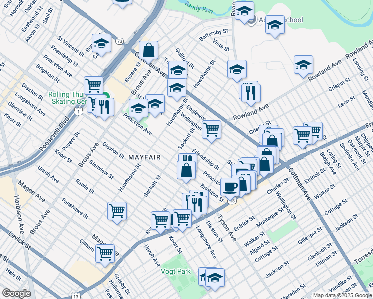map of restaurants, bars, coffee shops, grocery stores, and more near 3212 Friendship Street in Philadelphia
