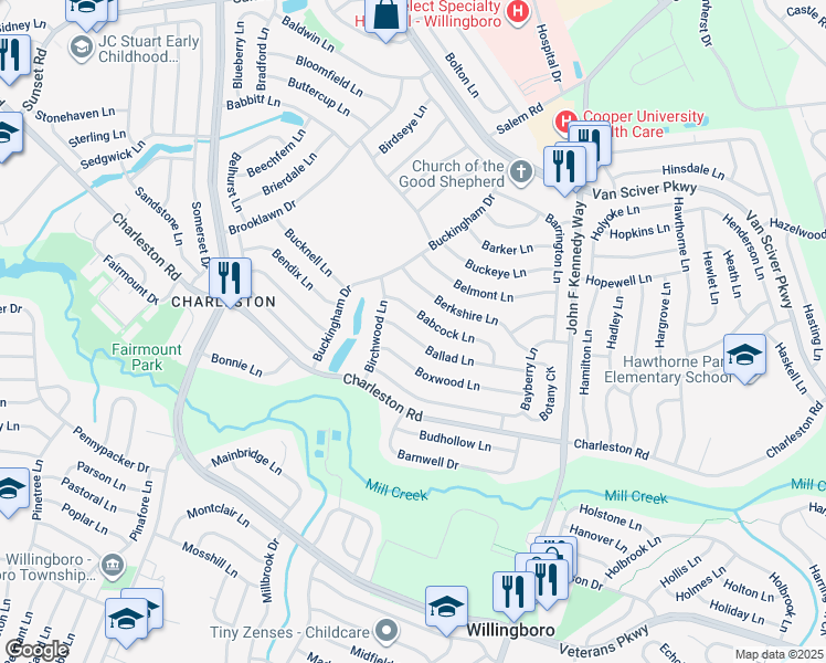 map of restaurants, bars, coffee shops, grocery stores, and more near 17 Ballad Lane in Willingboro