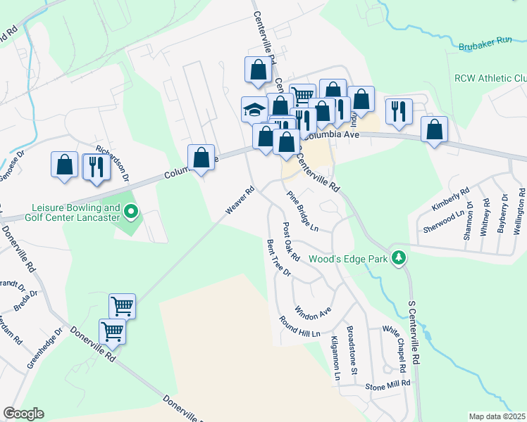 map of restaurants, bars, coffee shops, grocery stores, and more near 105 Bent Tree Drive in Lancaster