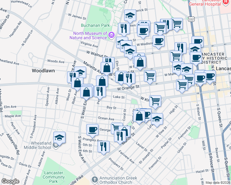 map of restaurants, bars, coffee shops, grocery stores, and more near 680 Columbia Avenue in Lancaster