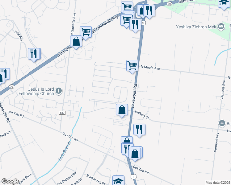 map of restaurants, bars, coffee shops, grocery stores, and more near 223 Roberts Road in Toms River