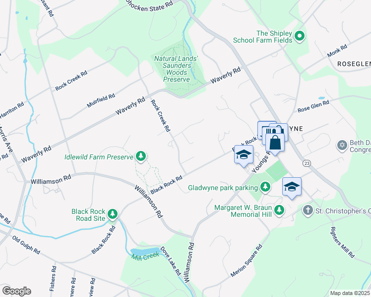 map of restaurants, bars, coffee shops, grocery stores, and more near 1210 Rock Creek Road in Gladwyne