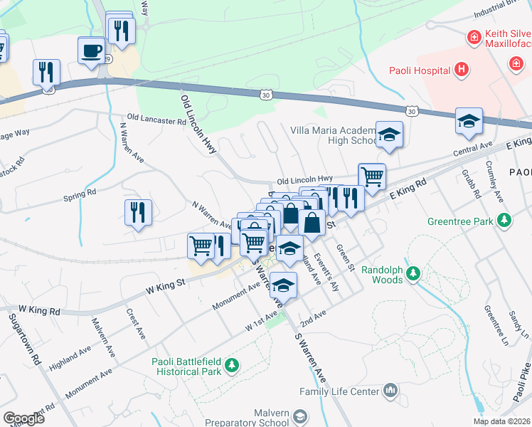 map of restaurants, bars, coffee shops, grocery stores, and more near 205 East Broad Street in Malvern