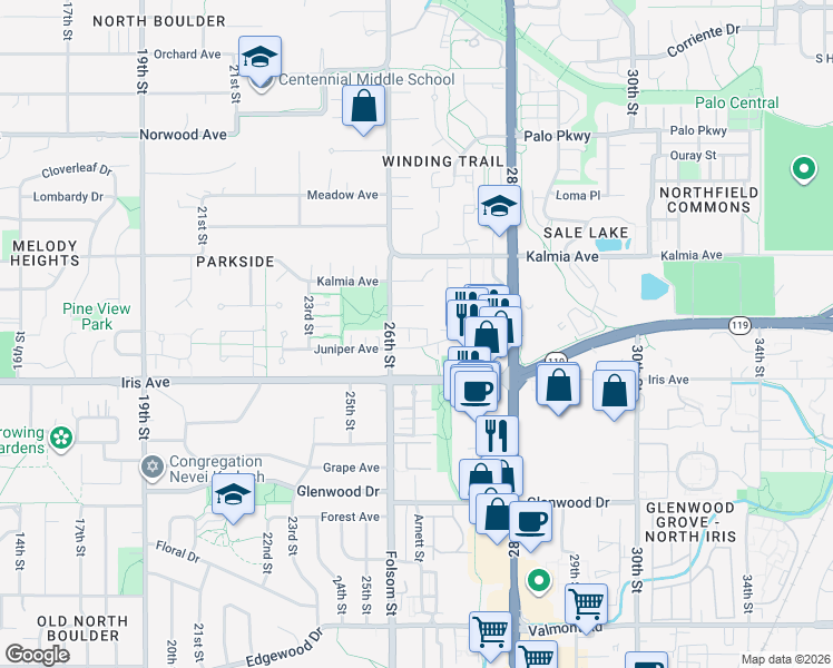 map of restaurants, bars, coffee shops, grocery stores, and more near 2619 Juniper Avenue in Boulder