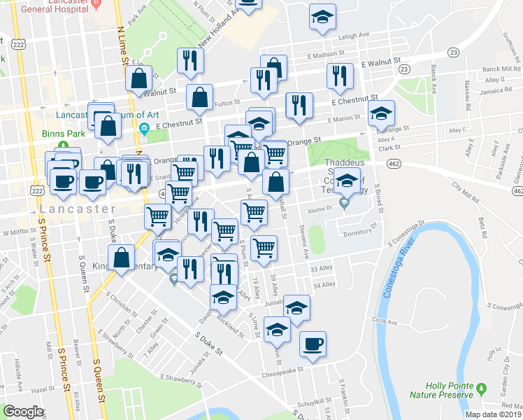 map of restaurants, bars, coffee shops, grocery stores, and more near 530 East End Avenue in Lancaster