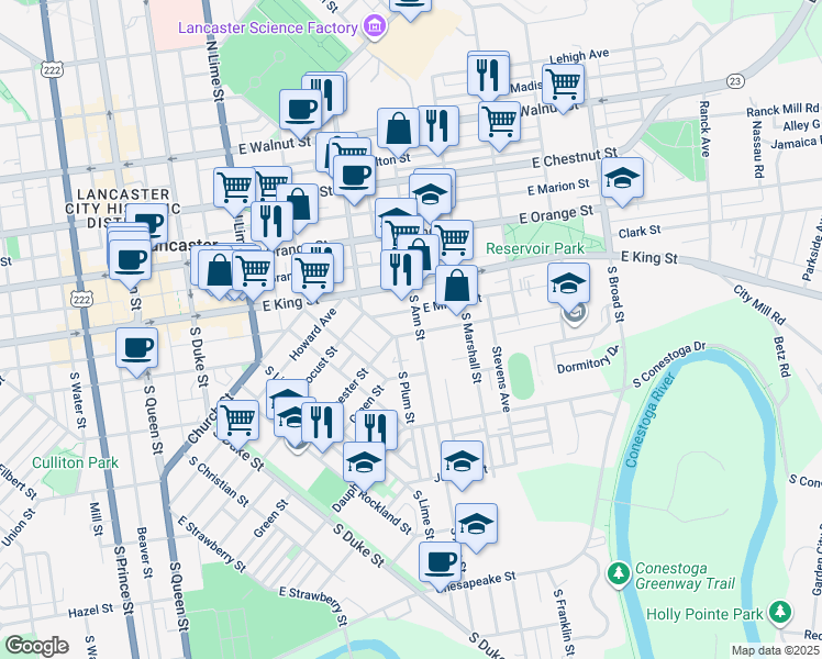 map of restaurants, bars, coffee shops, grocery stores, and more near 52 South Ann Street in Lancaster