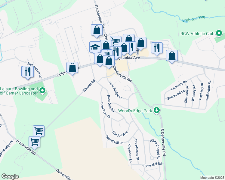 map of restaurants, bars, coffee shops, grocery stores, and more near 213 Pine Bridge Lane in Lancaster
