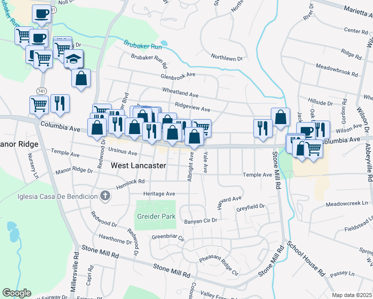 map of restaurants, bars, coffee shops, grocery stores, and more near 1730 Columbia Avenue in Lancaster