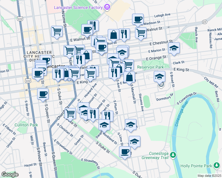 map of restaurants, bars, coffee shops, grocery stores, and more near 467 South Plum Street in Lancaster