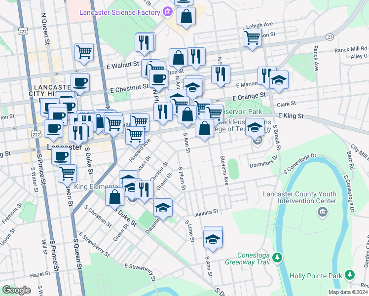 map of restaurants, bars, coffee shops, grocery stores, and more near 447 East End Avenue in Lancaster