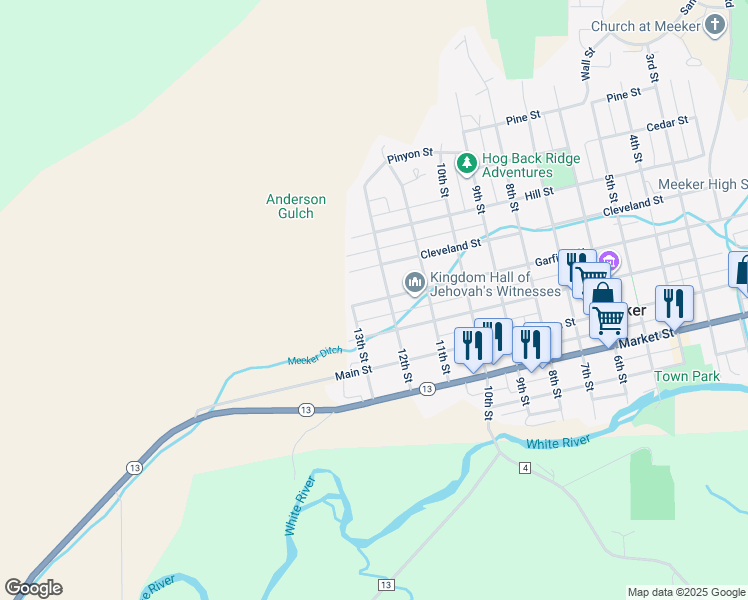 map of restaurants, bars, coffee shops, grocery stores, and more near 1239 Garfield Street in Meeker
