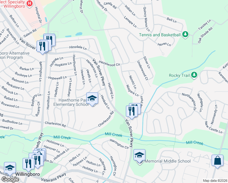map of restaurants, bars, coffee shops, grocery stores, and more near 18 Hasting Lane in Willingboro