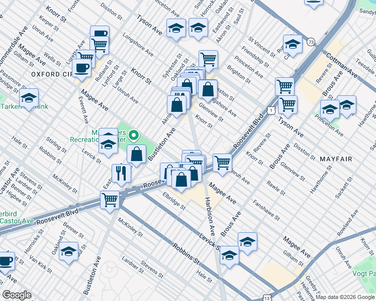 map of restaurants, bars, coffee shops, grocery stores, and more near 2141 Fanshawe Street in Philadelphia