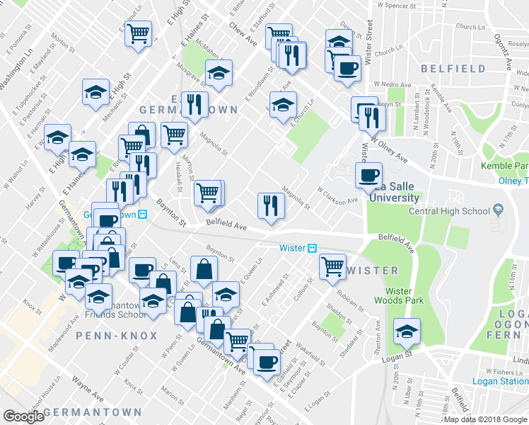 map of restaurants, bars, coffee shops, grocery stores, and more near 5369 Wingohocking Heights in Philadelphia