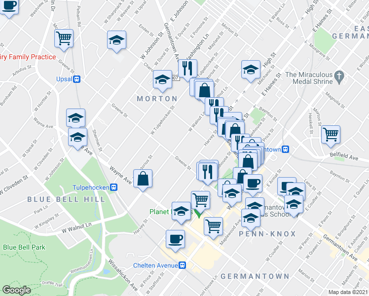 map of restaurants, bars, coffee shops, grocery stores, and more near 131 Harvey Street in Philadelphia