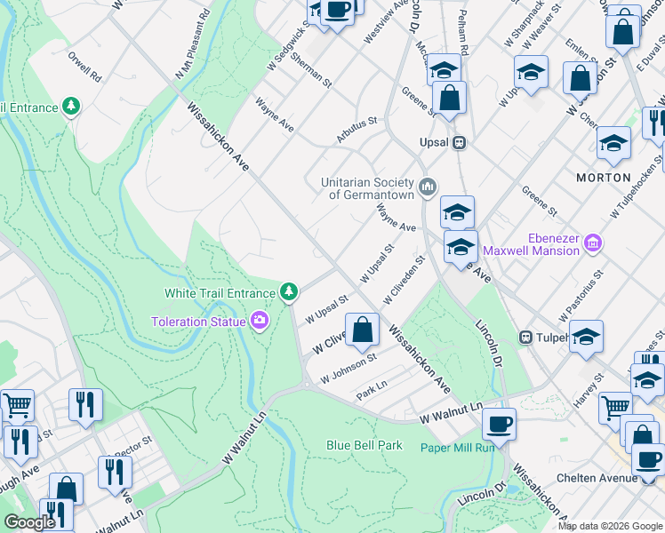 map of restaurants, bars, coffee shops, grocery stores, and more near 6600 Wissahickon Avenue in Philadelphia