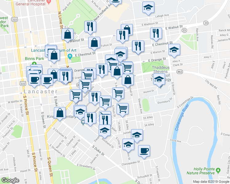 map of restaurants, bars, coffee shops, grocery stores, and more near 52 South Ann Street in Lancaster