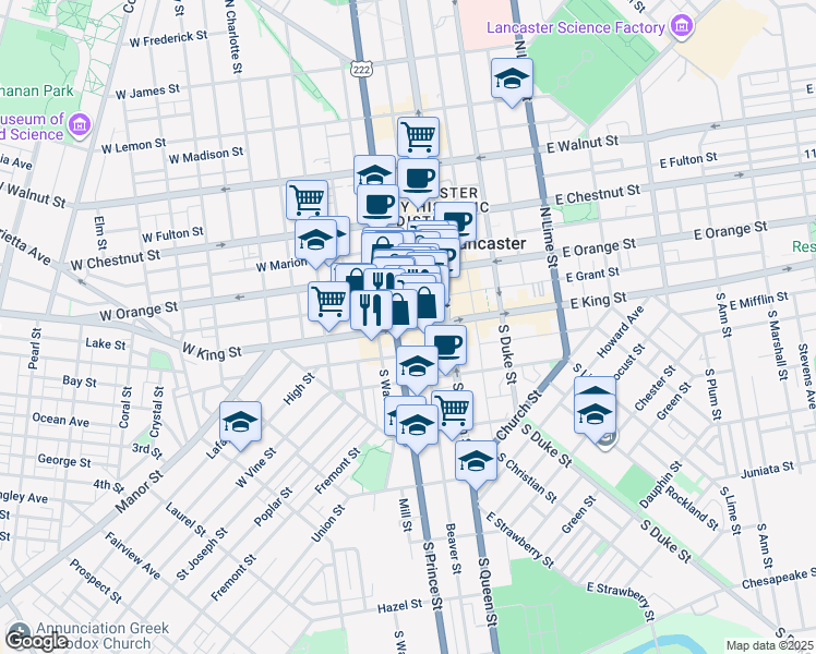 map of restaurants, bars, coffee shops, grocery stores, and more near 6 North Prince Street in Lancaster
