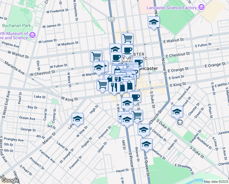 map of restaurants, bars, coffee shops, grocery stores, and more near 6 North Prince Street in Lancaster