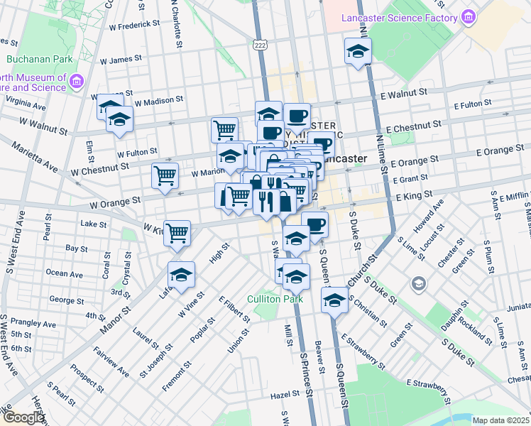 map of restaurants, bars, coffee shops, grocery stores, and more near 233 West King Street in Lancaster