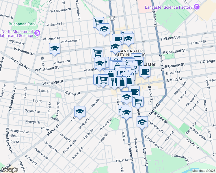 map of restaurants, bars, coffee shops, grocery stores, and more near 233 West King Street in Lancaster