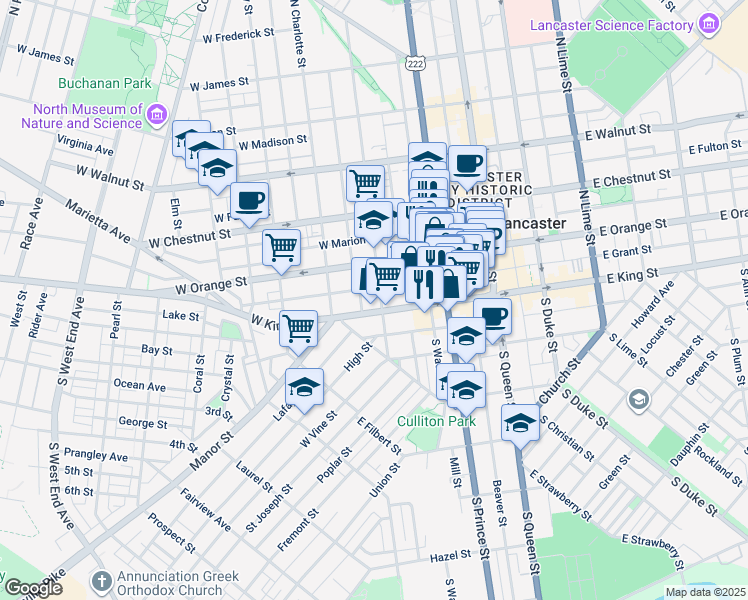map of restaurants, bars, coffee shops, grocery stores, and more near 20 North Mulberry Street in Lancaster