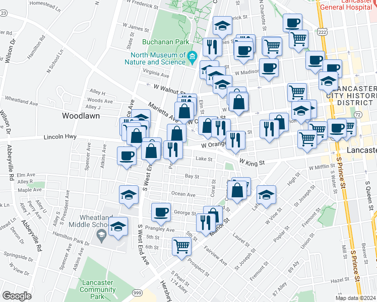 map of restaurants, bars, coffee shops, grocery stores, and more near 665 Columbia Avenue in Lancaster