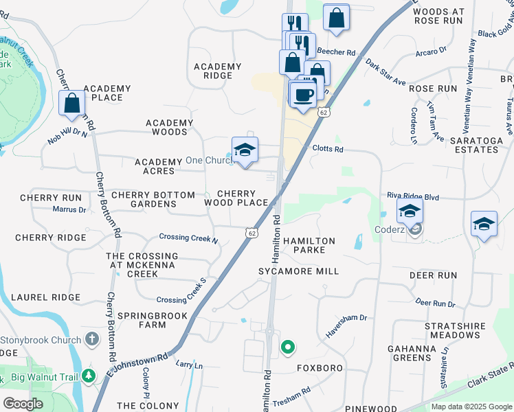 map of restaurants, bars, coffee shops, grocery stores, and more near 775 East Johnstown Road in Gahanna