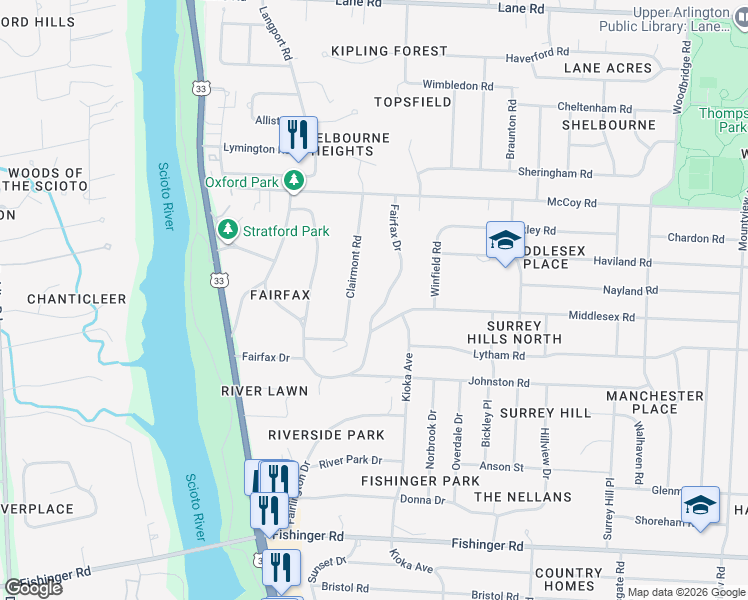 map of restaurants, bars, coffee shops, grocery stores, and more near 4117 Fairfax Drive in Columbus