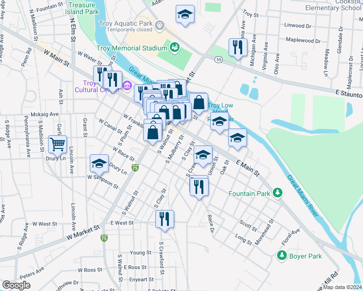 map of restaurants, bars, coffee shops, grocery stores, and more near 18 South Clay Street in Troy