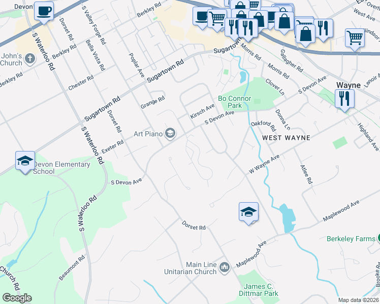 map of restaurants, bars, coffee shops, grocery stores, and more near 114 Eaton Drive in Wayne