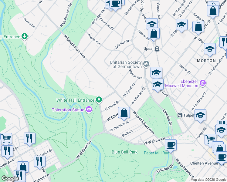 map of restaurants, bars, coffee shops, grocery stores, and more near 6600 Wissahickon Avenue in Philadelphia