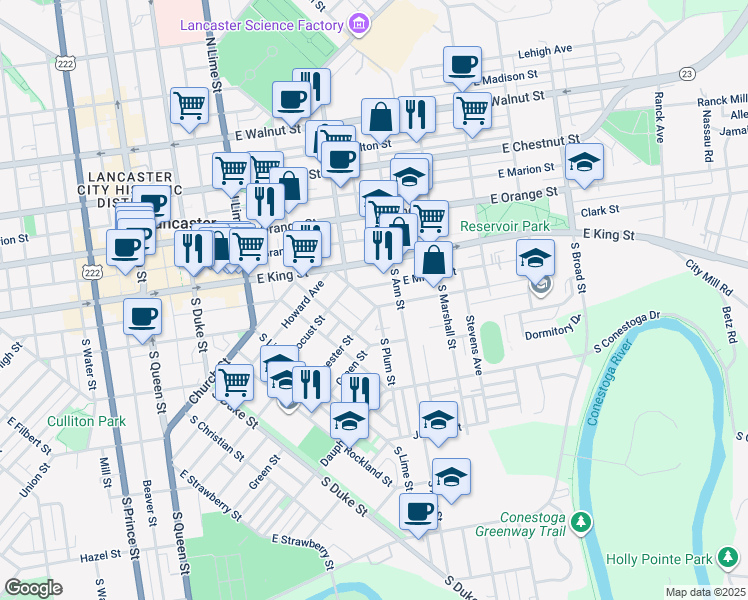 map of restaurants, bars, coffee shops, grocery stores, and more near 467 South Plum Street in Lancaster