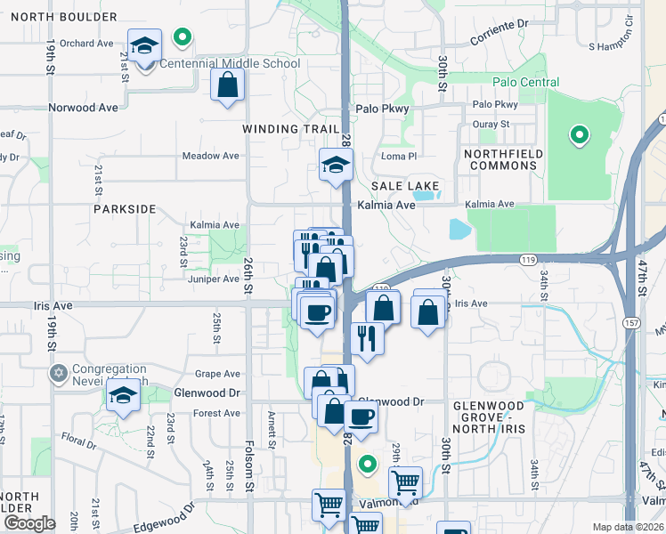 map of restaurants, bars, coffee shops, grocery stores, and more near 3461 28th Street in Boulder