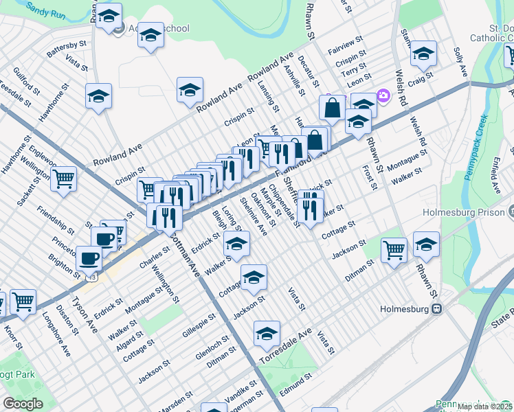 map of restaurants, bars, coffee shops, grocery stores, and more near 4030 Oakmont Street in Philadelphia