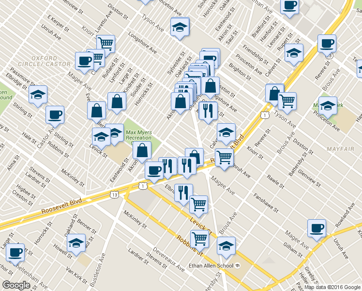 map of restaurants, bars, coffee shops, grocery stores, and more near 2134 Fanshawe Street in Philadelphia