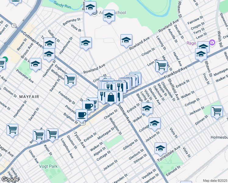 map of restaurants, bars, coffee shops, grocery stores, and more near 3523 Ryan Avenue in Philadelphia